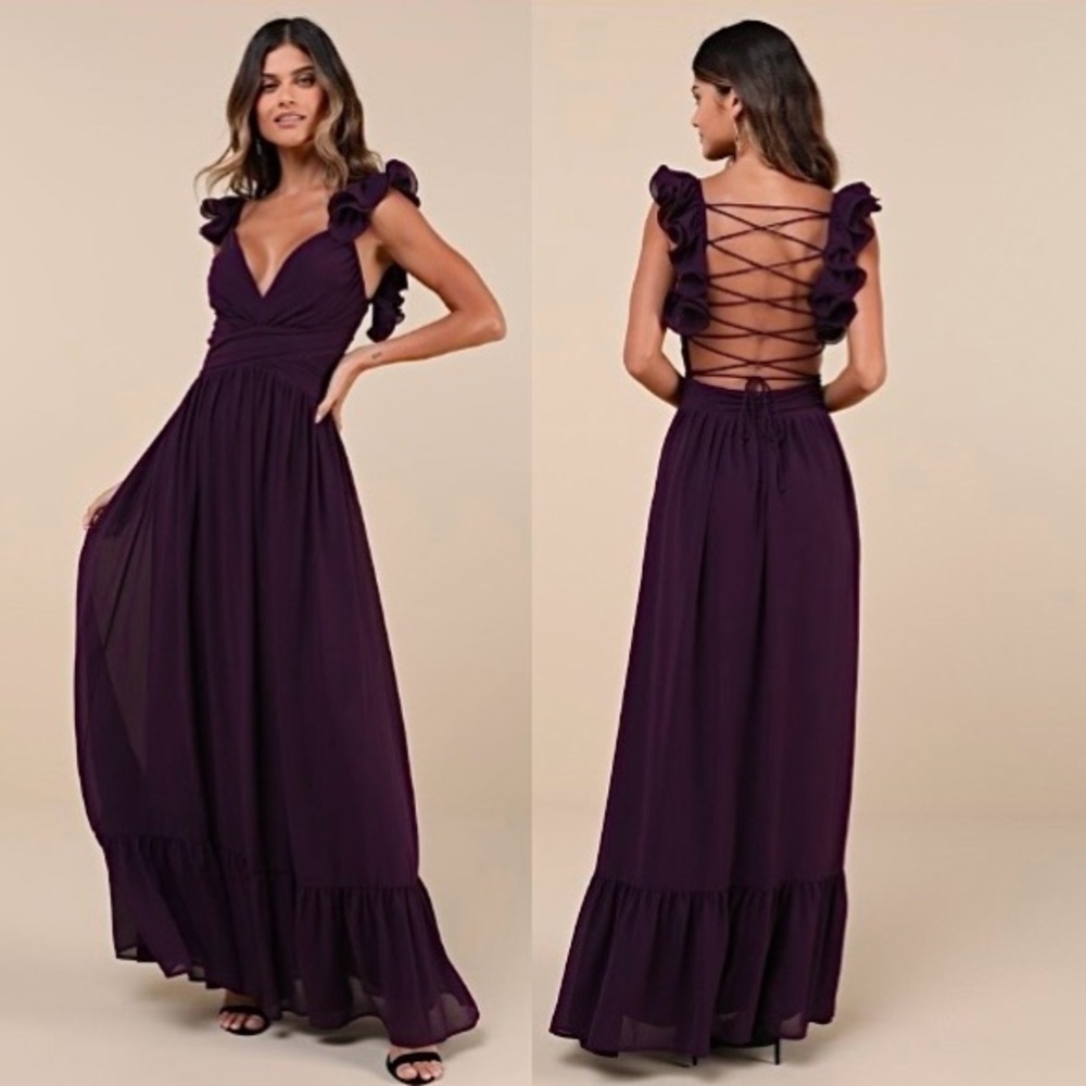 Lulu's Plum Purple Ruffle-Shoulder Maxi Dress